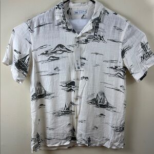 Hawaiian Linen Button Up Dress Shirt White, Grey, Black Medium